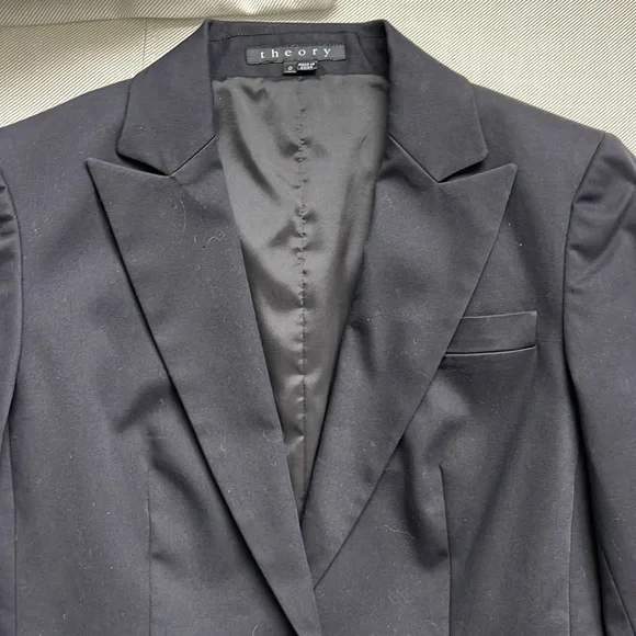 Theory like new cotton blend Blazer jacket sz 0 Black Lined Fitted Side Pockets - Picture 5 of 8
